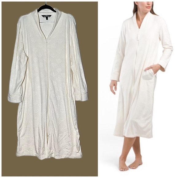 Noire Jasmine Rose Ivory Luxurious Soft Long Robe w/ Front Zipper & Pockets, XL - Picture 1 of 14